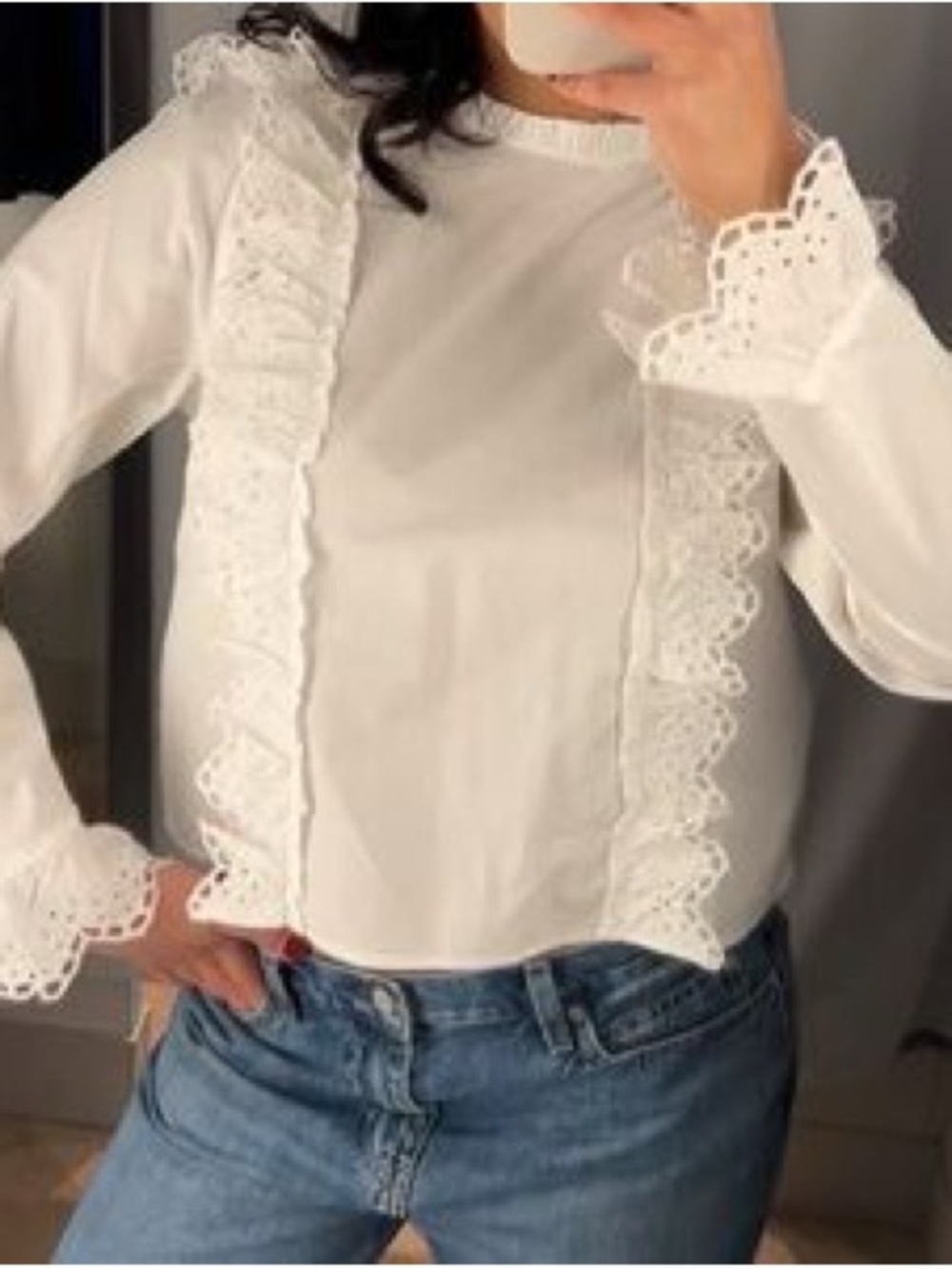 Edikted White Lace Ruffle Long-Sleeve Blouse
